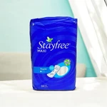 Stayfree Maxi Regular Pads, 24CT Sealed Thermo Control Anti-leak Channels. Fixed Price $17.98.