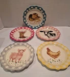 5-2020 The Pioneer Woman Gingham Plates,, Cow, Pig, Hat, Boots, Chicken 7". Fixed Price $34.99.